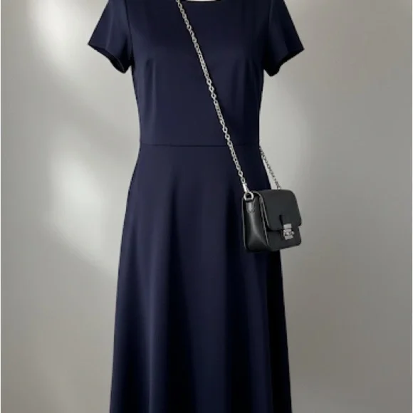 Navy Blue Fit & Flare Dress S | Soft Y2K Minimalist A-Line - Picture 1 of 5